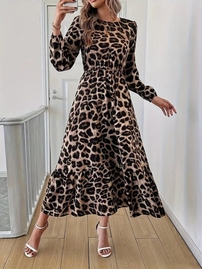 Uzun Kollu Bisiklet Yaka Leopar Desenli Midi Süprem Elbise, 28383