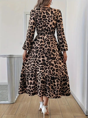 Rochie midi Supreme cu mânecă lungă, guler rotund și imprimeu leopard, 28383