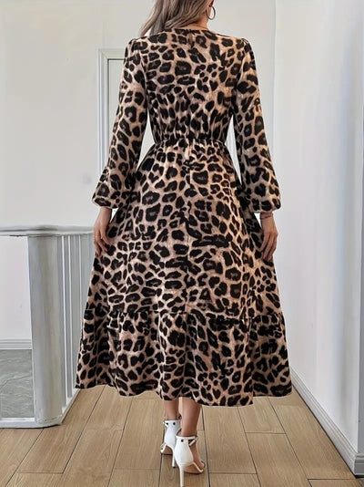 Uzun Kollu Bisiklet Yaka Leopar Desenli Midi Süprem Elbise, 28383