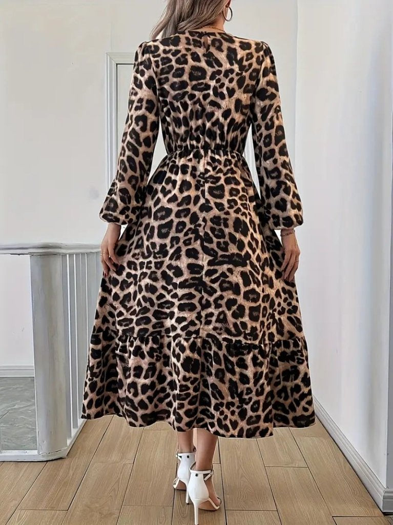 Uzun Kollu Bisiklet Yaka Leopar Desenli Midi Süprem Elbise, 28383