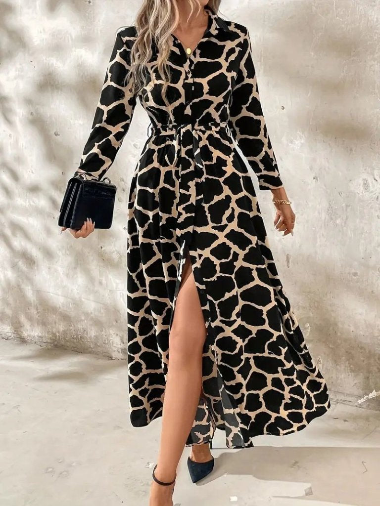 Women's Long Sleeve Collared Button-Front Patterned Belted Long Supreme Dress, 30800