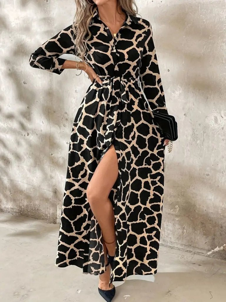 Women's Long Sleeve Collared Button-Front Patterned Belted Long Supreme Dress, 30800