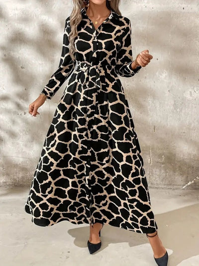 Women's Long Sleeve Collared Button-Front Patterned Belted Long Supreme Dress, 30800
