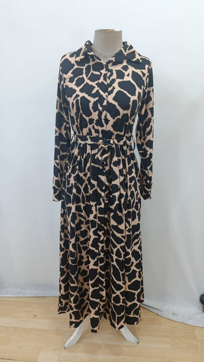 Women's Long Sleeve Collared Button-Front Patterned Belted Long Supreme Dress, 30800