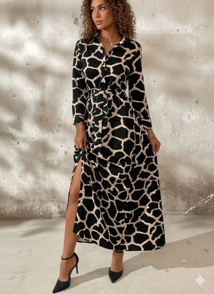 Women's Long Sleeve Collared Button-Front Patterned Belted Long Supreme Dress, 30800
