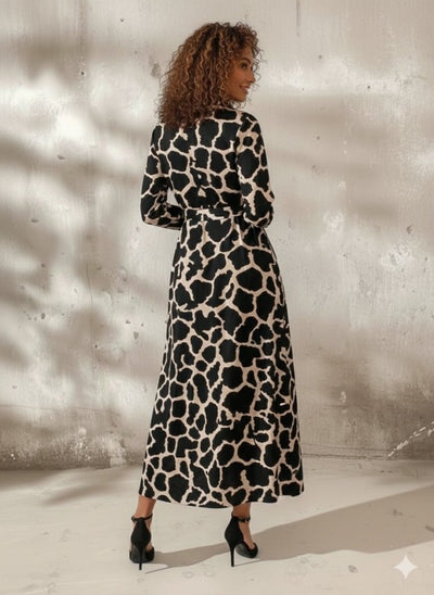 Women's Long Sleeve Collared Button-Front Patterned Belted Long Supreme Dress, 30800