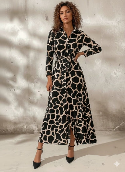 Women's Long Sleeve Collared Button-Front Patterned Belted Long Supreme Dress, 30800