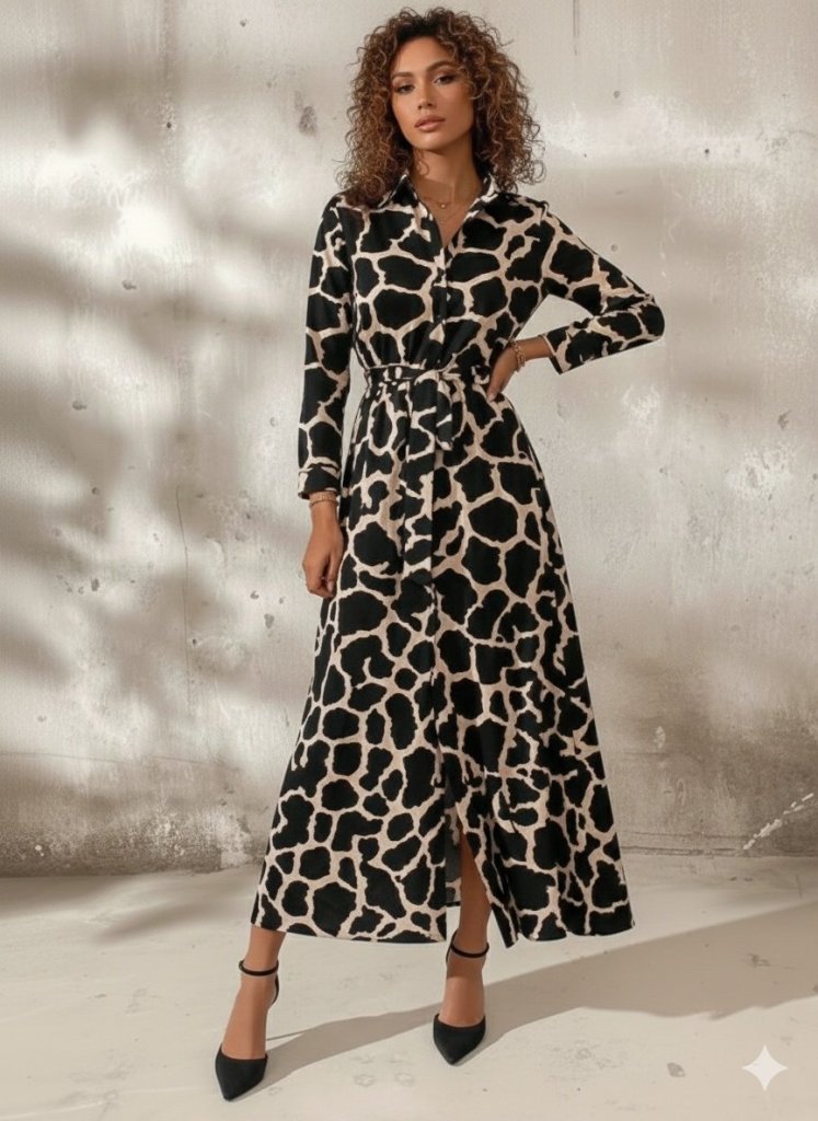 Women's Long Sleeve Collared Button-Front Patterned Belted Long Supreme Dress, 30800