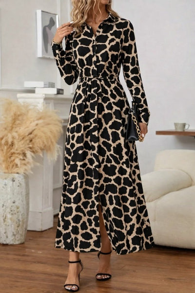 Women's Long Sleeve Collared Button-Front Patterned Belted Long Supreme Dress, 30800