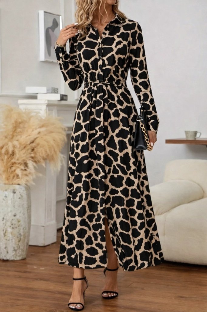 Women's Long Sleeve Collared Button-Front Patterned Belted Long Supreme Dress, 30800