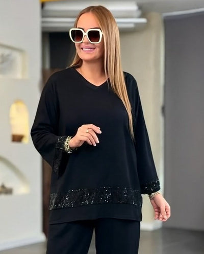 Set de două piese: Bluză cu mâneci lungi și gât în V cu paiete din viscozã doi fir și pantaloni pentru femei, 28418