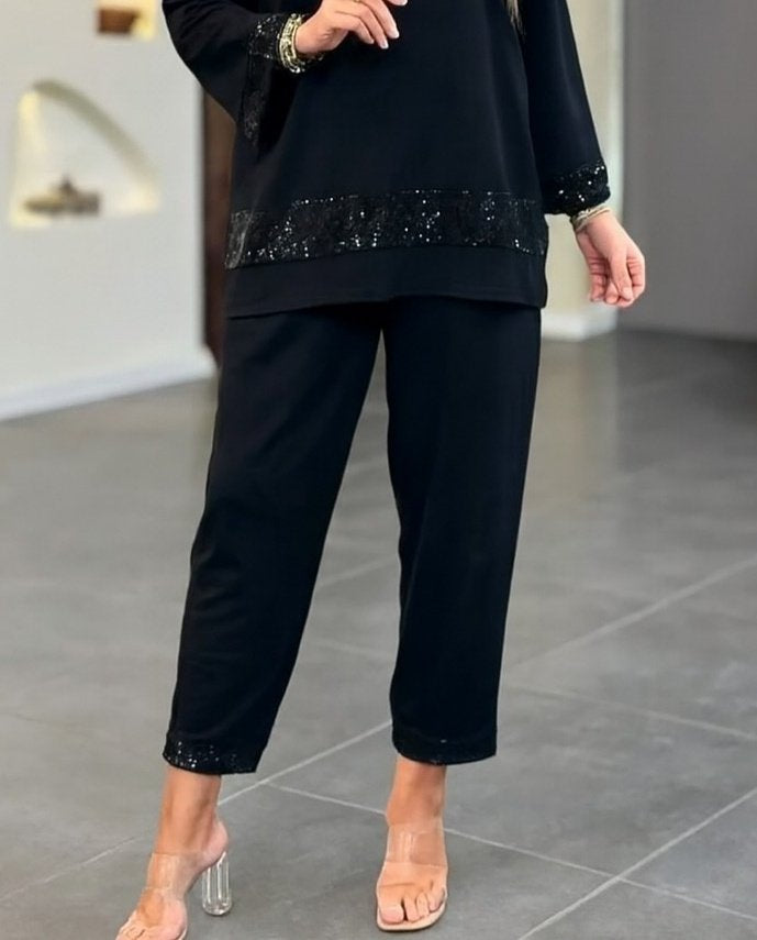 Set de două piese: Bluză cu mâneci lungi și gât în V cu paiete din viscozã doi fir și pantaloni pentru femei, 28418