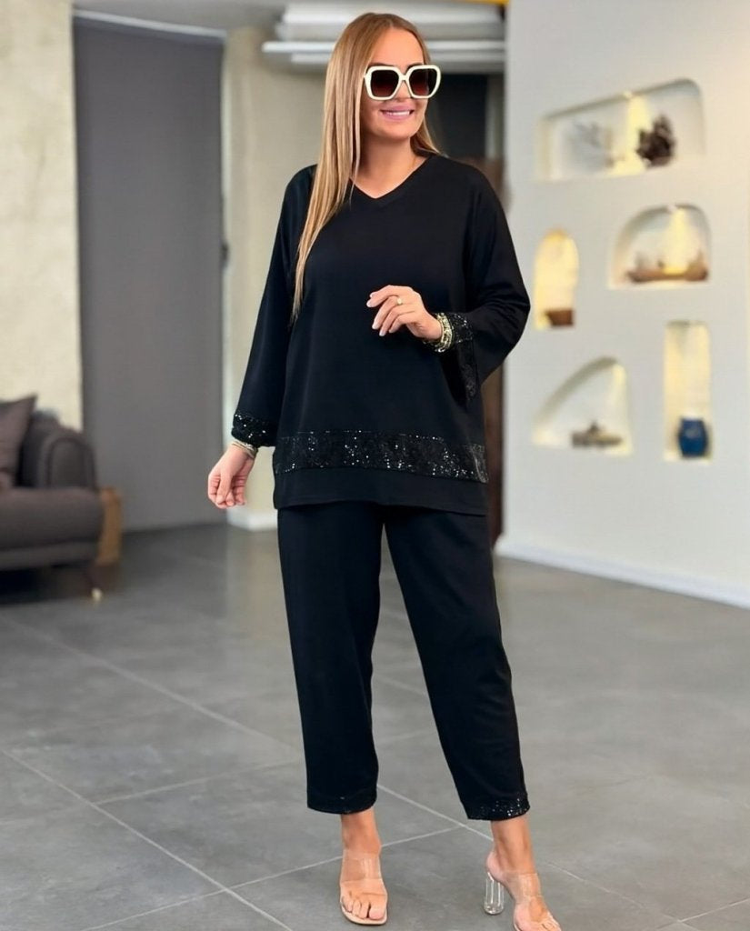 Set de două piese: Bluză cu mâneci lungi și gât în V cu paiete din viscozã doi fir și pantaloni pentru femei, 28418