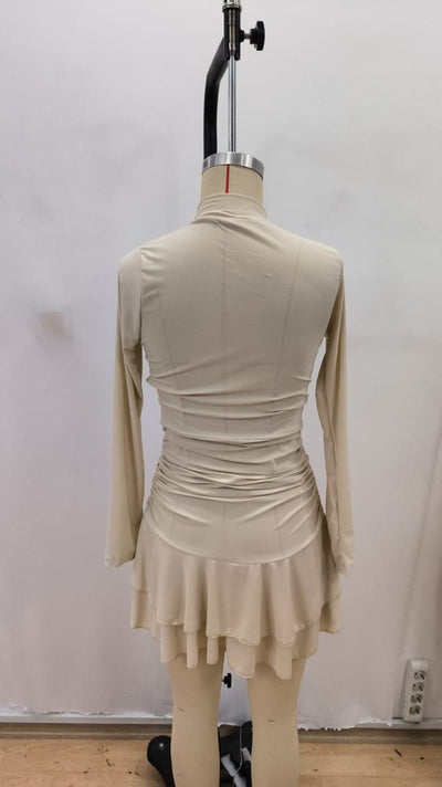 Rochie Sandy Mini, cu Guler Înalt și Volane, pentru Femei, cu Mânecă Lungă, 28458