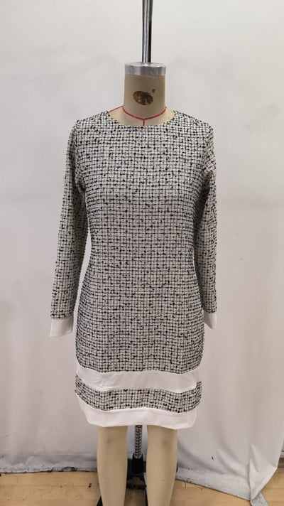 Rochie mini țesută de damă, cu mâneci lungi, guler rotund și detalii cu bandă la tiv, 30002