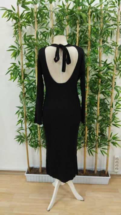 Rochie midi tricotată pentru femei, cu mânecă lungă, guler semi-lung, cu detaliu pentru fereastră la spate și închidere cu șireturi, 28513