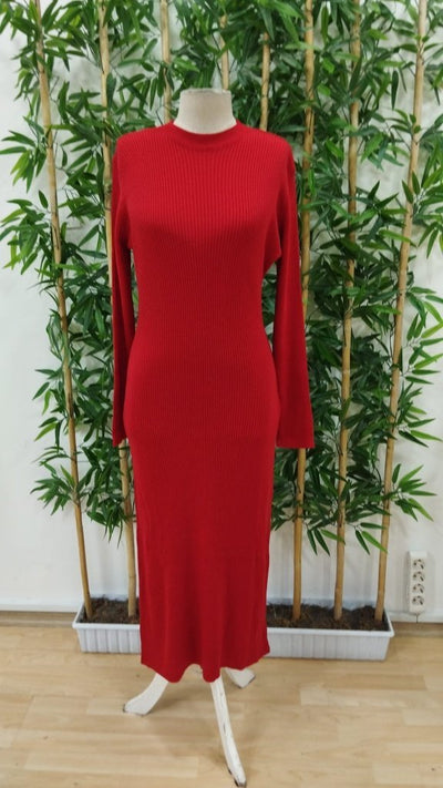 Rochie midi tricotată pentru femei, cu mânecă lungă, guler semi-lung, cu detaliu pentru fereastră la spate și închidere cu șireturi, 28514