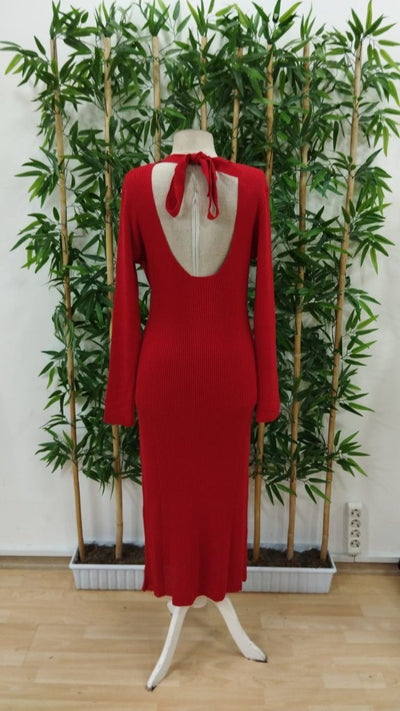 Rochie midi tricotată pentru femei, cu mânecă lungă, guler semi-lung, cu detaliu pentru fereastră la spate și închidere cu șireturi, 28514