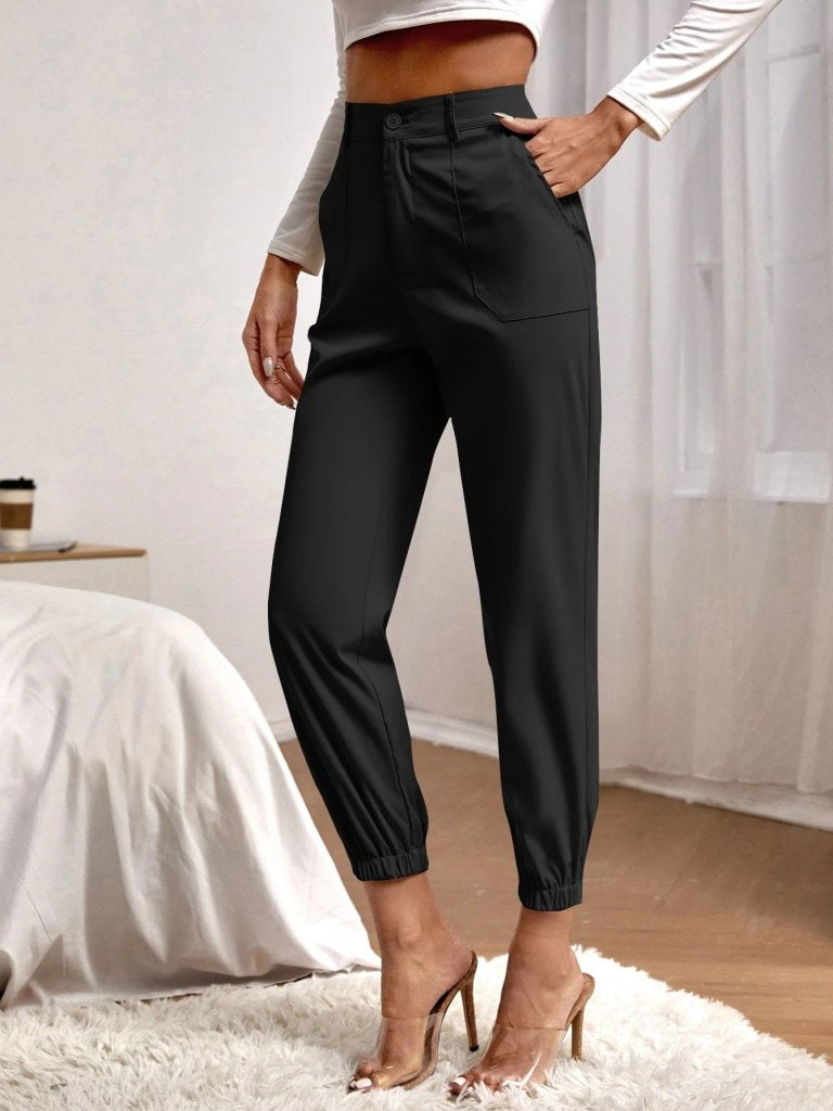 Pantaloni din crepă importată cu talie înaltă, buzunare, crac cu elastic, 28538
