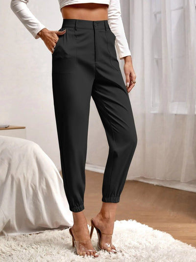 Pantaloni din crepă importată cu talie înaltă, buzunare, crac cu elastic, 28538