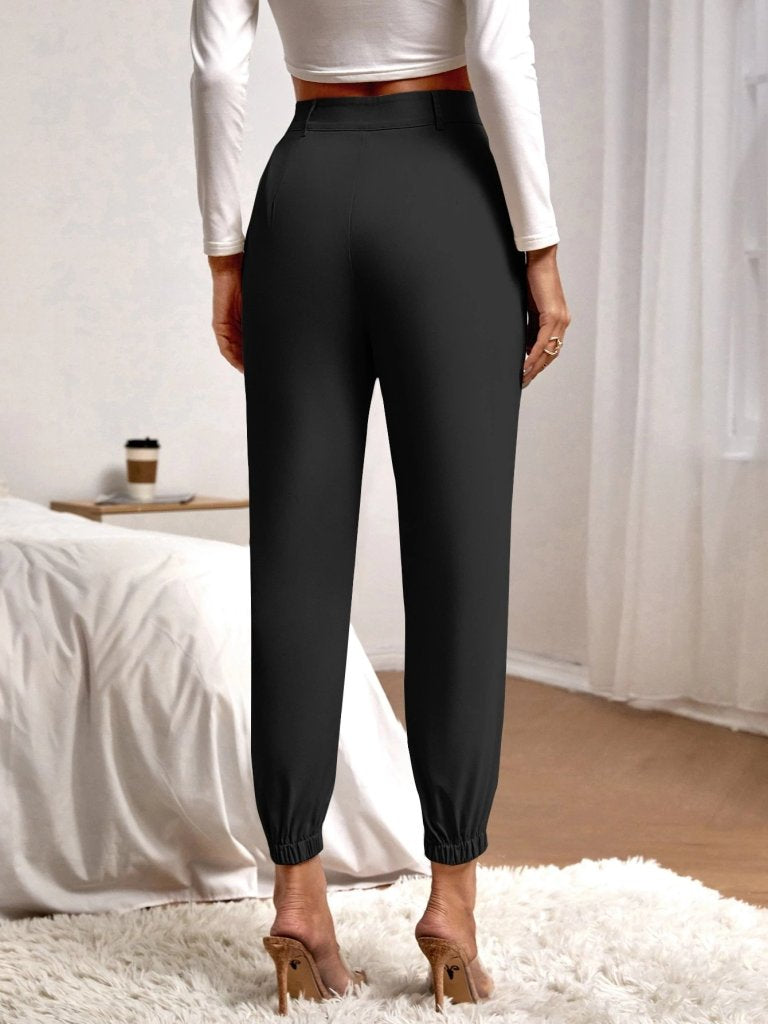 Pantaloni din crepă importată cu talie înaltă, buzunare, crac cu elastic, 28538