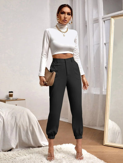 Pantaloni din crepă importată cu talie înaltă, buzunare, crac cu elastic, 28538