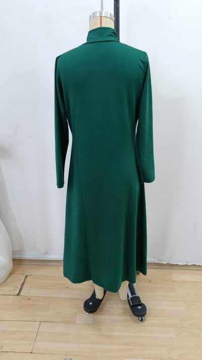 Rochie lungă de damă cu mâneci lungi, cu fermoar frontal, din crep importat, 29064