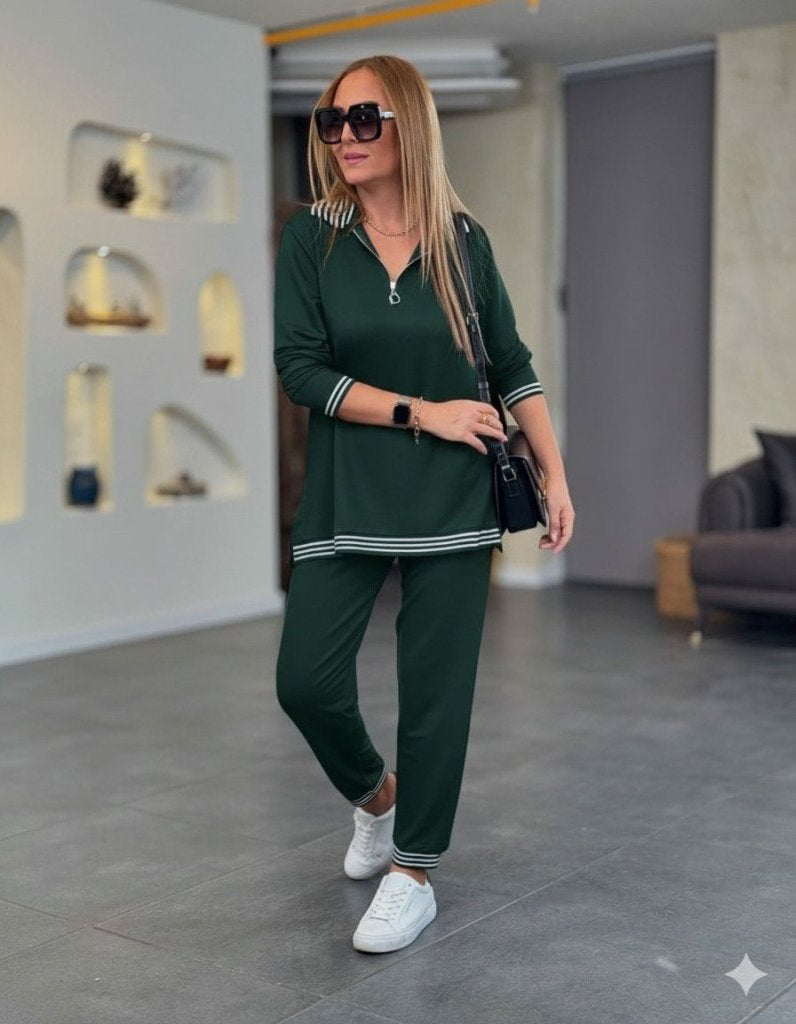 Set Damă Din Două Piese, Cu Mânecă Lungă, Cu Fermoar, Detalii Bandă, Model Vâscoză, 28547