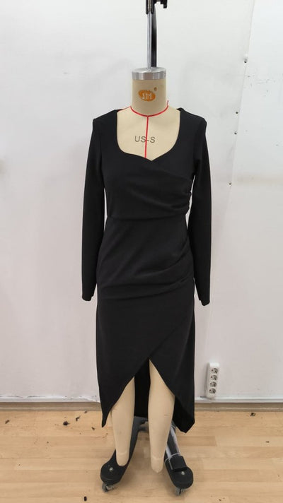 Rochie lungă pentru femei, din crep importat, cu mânecă lungă, decolteu în formă de inimă și detalii asimetrice, 31744