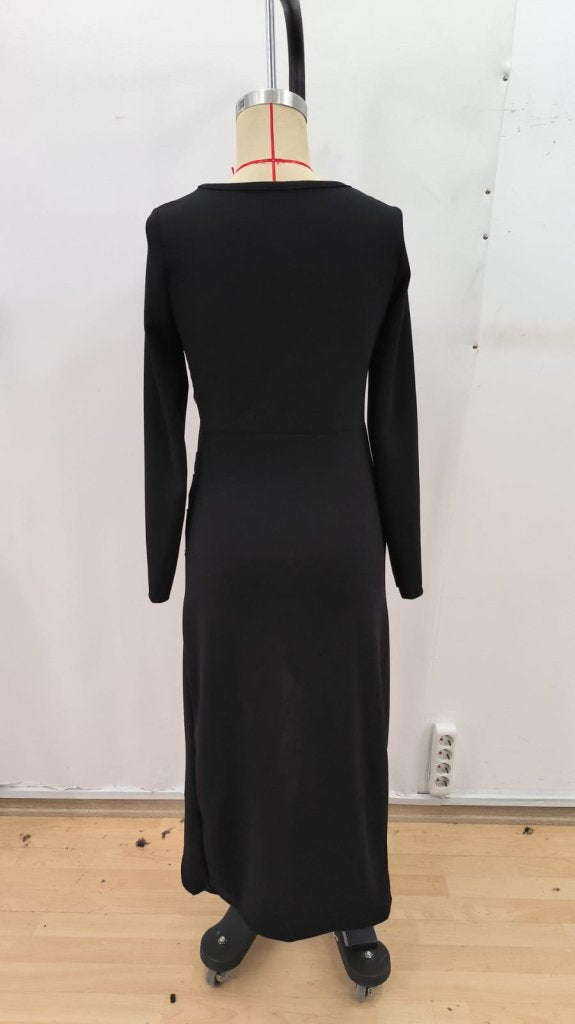 Rochie lungă pentru femei, din crep importat, cu mânecă lungă, decolteu în formă de inimă și detalii asimetrice, 31744