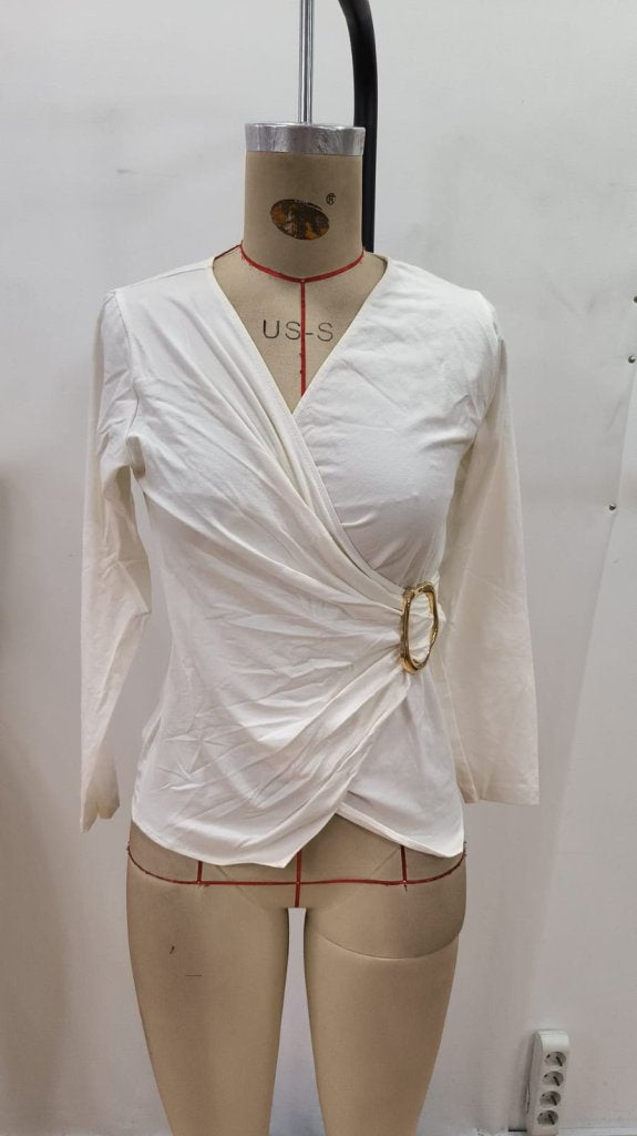 Bluz de damă cu mâneci lungi, guler petrecut, detalii cu cataramă, din viscoză, 28695