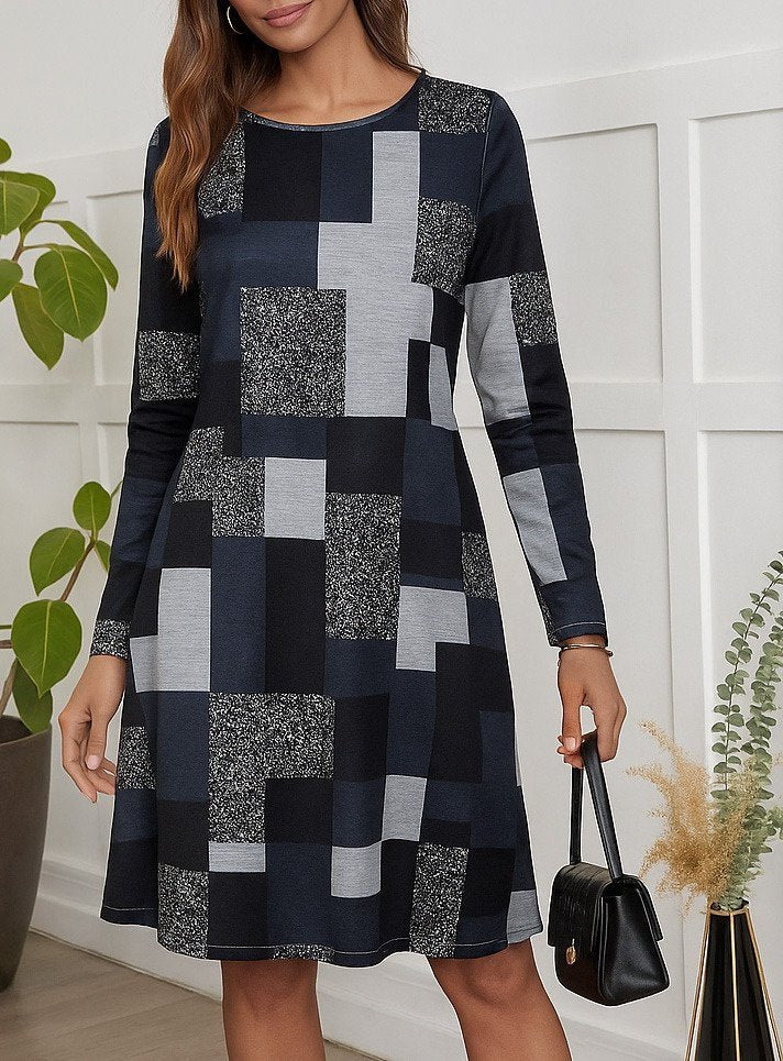 Rochie de damă lungă din tricot subțire cu mânecă lungă, decolteu rotund, cu imprimeu geometric, 28730