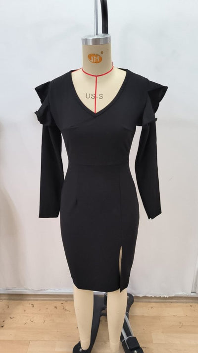 Rochie midi din crep importat, cu mânecă lungă, decolteu în V și crăpături laterale, pentru femei, 30758
