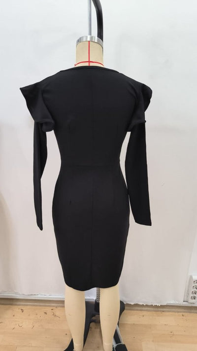 Rochie midi din crep importat, cu mânecă lungă, decolteu în V și crăpături laterale, pentru femei, 30758