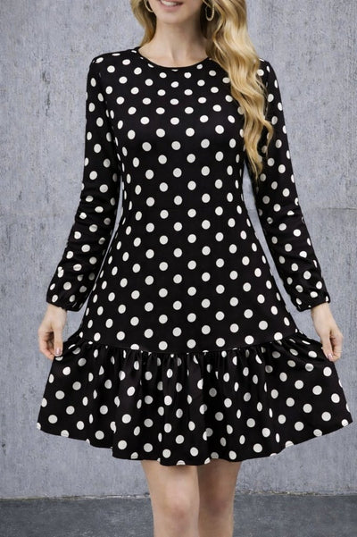 Women's Long Sleeve Crew Neck Ruffled Polka Dot Short Modal Dress, 31539