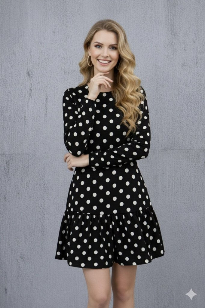 Women's Long Sleeve Crew Neck Ruffled Polka Dot Short Modal Dress, 31539
