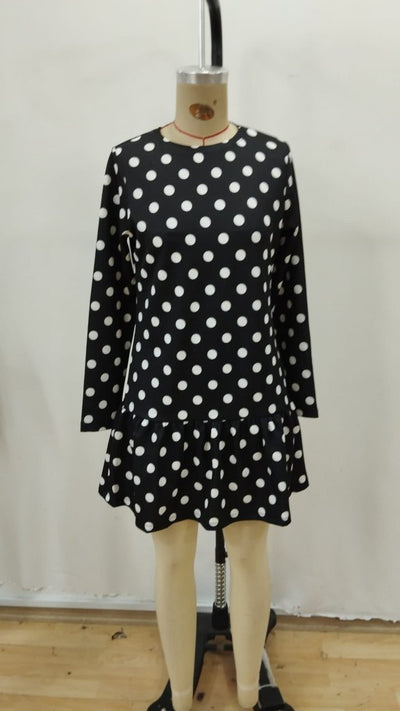 Women's Long Sleeve Crew Neck Ruffled Polka Dot Short Modal Dress, 31539