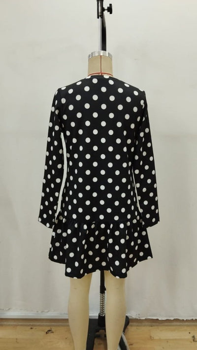 Women's Long Sleeve Crew Neck Ruffled Polka Dot Short Modal Dress, 31539