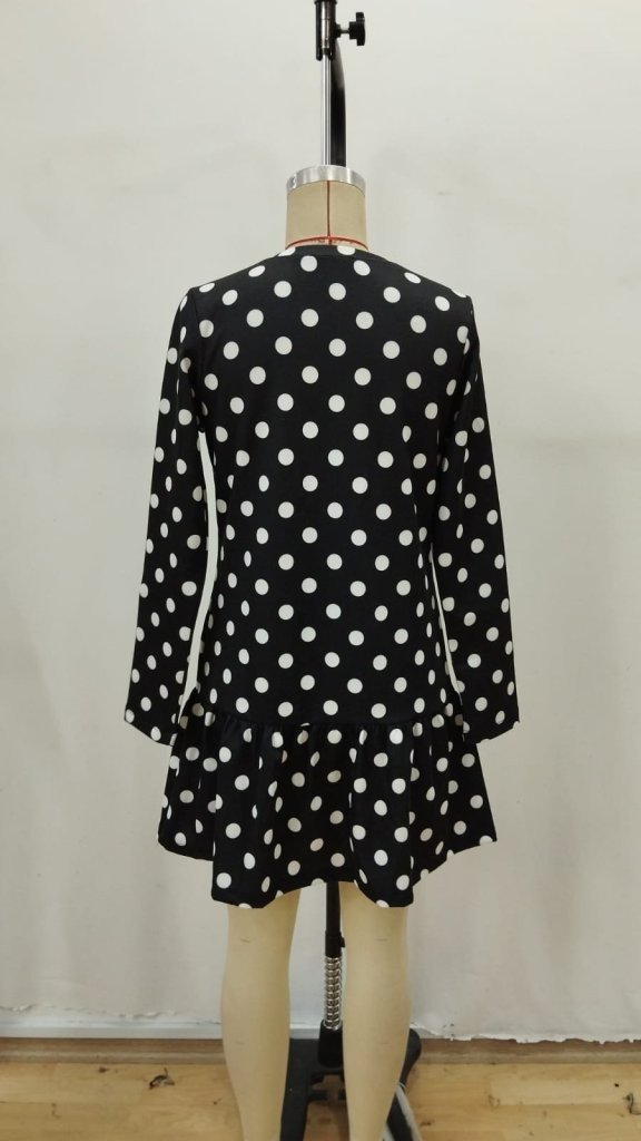 Women's Long Sleeve Crew Neck Ruffled Polka Dot Short Modal Dress, 31539