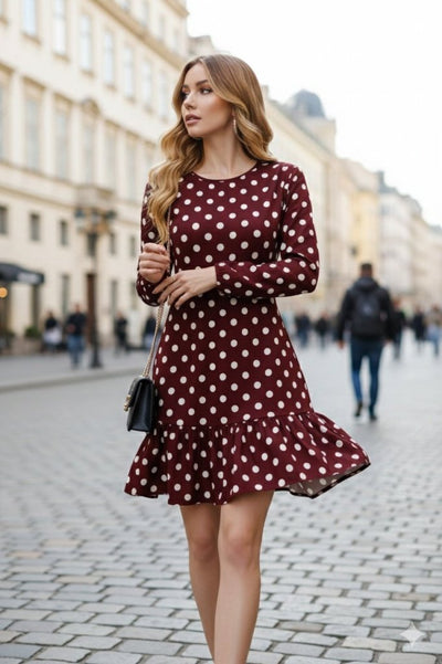 Rochie scurtă din modal cu mânecă lungă, guler rotund, volane, buline, pentru femei, 31540