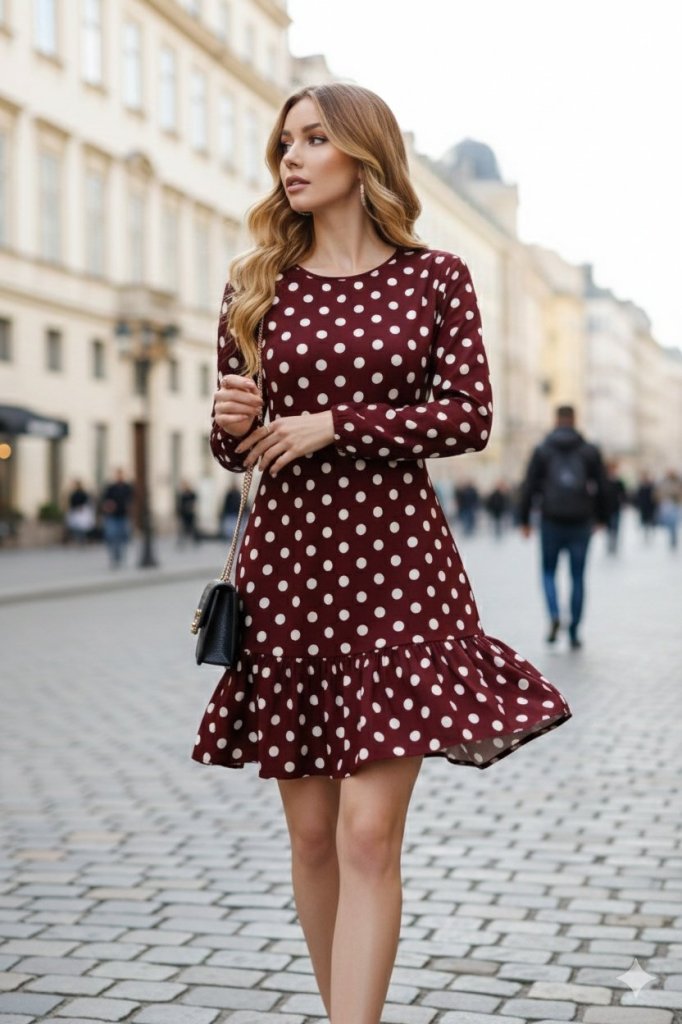 Rochie scurtă din modal cu mânecă lungă, guler rotund, volane, buline, pentru femei, 31540