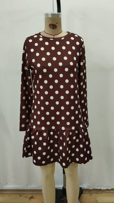 Rochie scurtă din modal cu mânecă lungă, guler rotund, volane, buline, pentru femei, 31540