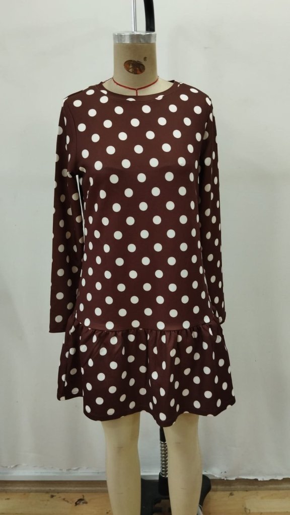 Rochie scurtă din modal cu mânecă lungă, guler rotund, volane, buline, pentru femei, 31540