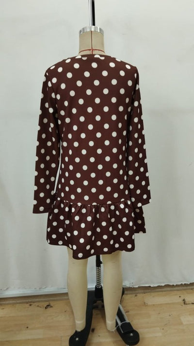 Rochie scurtă din modal cu mânecă lungă, guler rotund, volane, buline, pentru femei, 31540