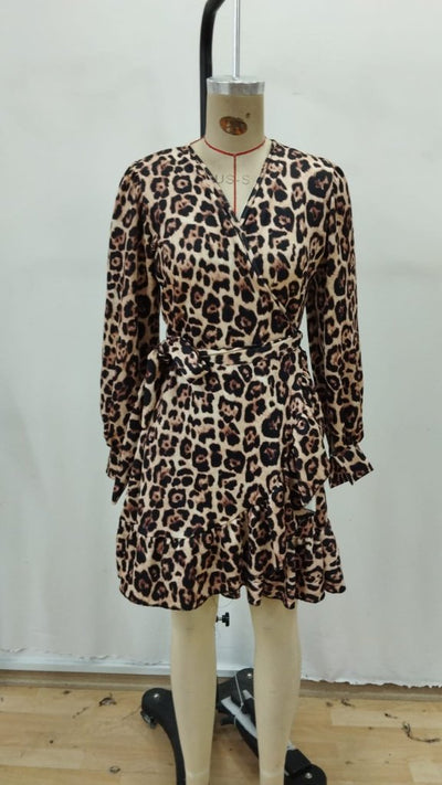 Rochie de damă cu mânecă lungă, guler înfășurat, cu volane, curea, imprimeu leopard, din modal, 30779
