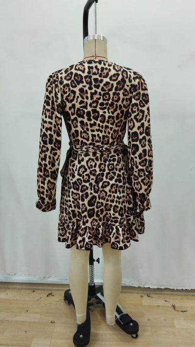 Rochie de damă cu mânecă lungă, guler înfășurat, cu volane, curea, imprimeu leopard, din modal, 30779