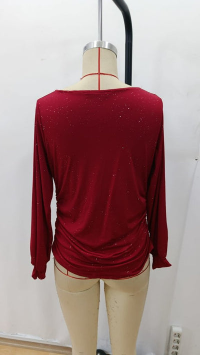 Bluza din bumbac pentru femei cu mâneci lungi, gât Degaje, detalii pietre, 37542