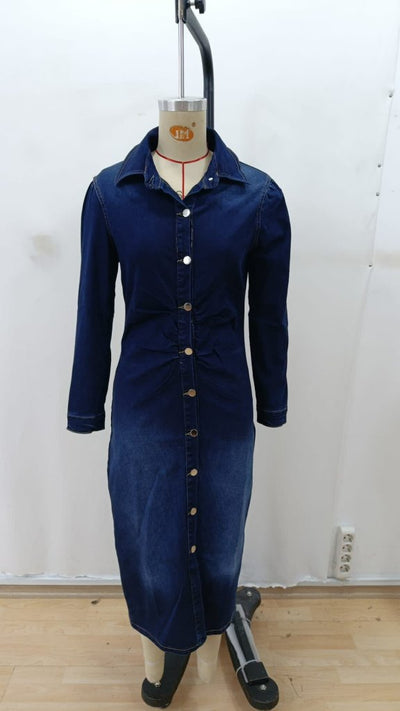 Rochie midi din denim pentru femei, cu mânecă lungă, guler și nasturi în față, 30274