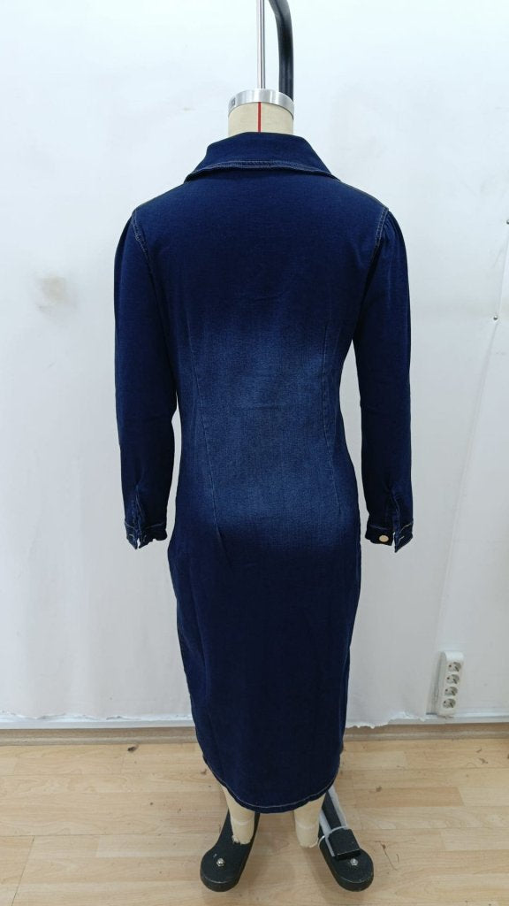 Rochie midi din denim pentru femei, cu mânecă lungă, guler și nasturi în față, 30274