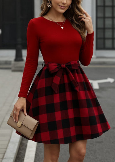 Kadın Uzun Kollu Bisiklet Yaka üst Viskon Alt Ekose Kısa Elbise , 28953